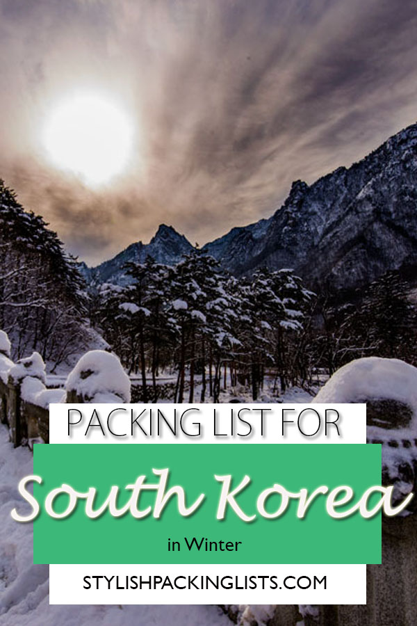Text: Packing list for south korea on snowy national park background