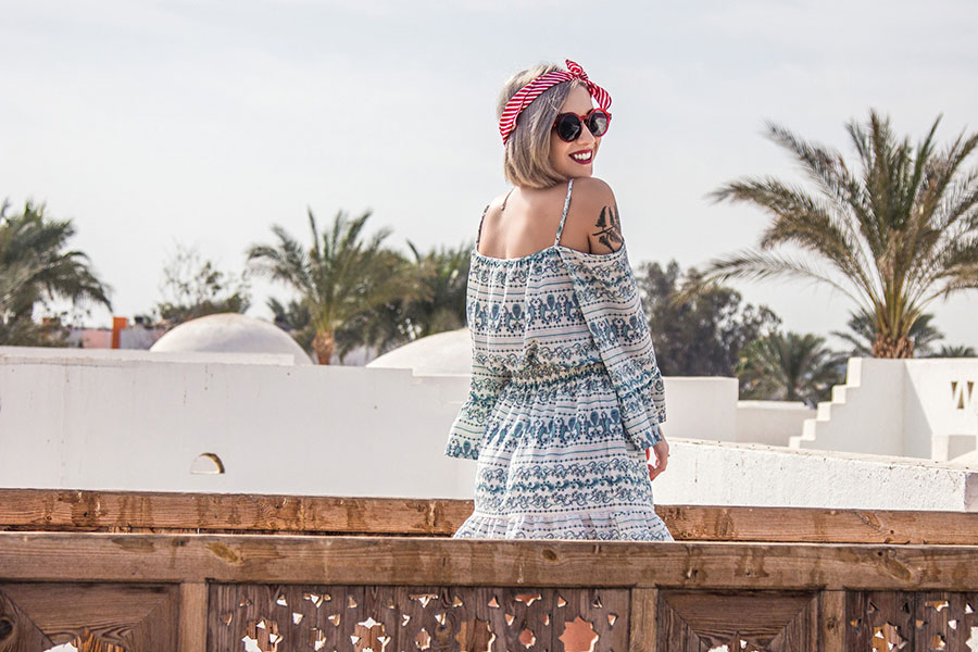 girl in off shoulder dress in "what to pack for egypt" article