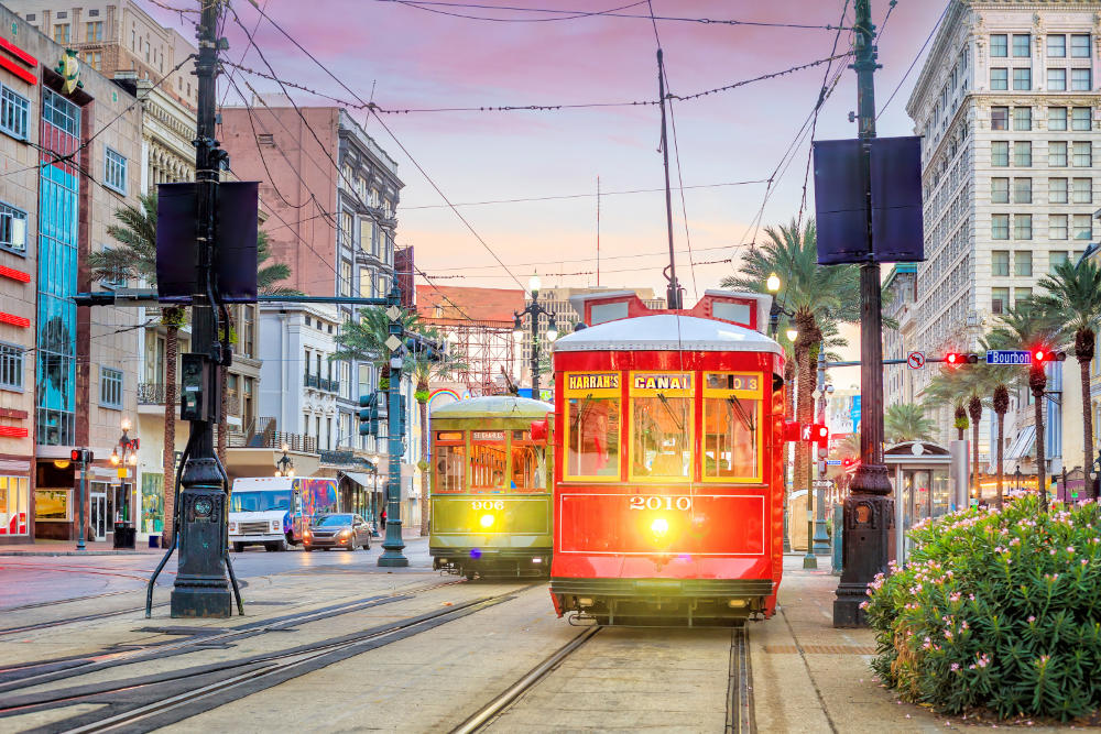 A tram in New Orleans at sunset in our what to wear in New Orleans in winter (December, January and February) article.